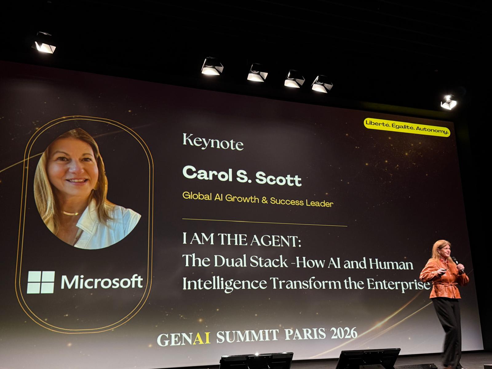 Carol S. Scott opening her I Am the Agent keynote at GenAI Summit Paris 2026